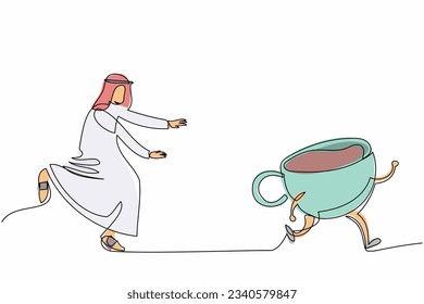 Continuous one line drawing Arab businessman run chasing coffee cup. Drinking and breakfast in the morning. Cappuccino latte for coffee break at office. Single line graphic design vector illustration