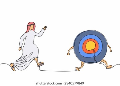 Continuous one line drawing Arab businessman chasing for target achievement, guidance or control to reach goal, competition or challenge to success. Single line draw design vector graphic illustration