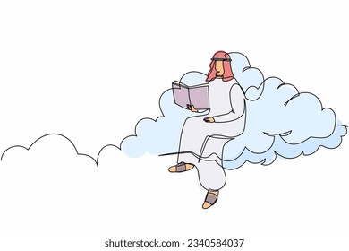 Una línea contínua dibujando a un empresario árabe sentado en un libro de lectura en la nube. Educación para buscar el crecimiento de la trayectoria profesional. Literatura de estudio de trabajadores de oficina. ilustración vectorial de diseño de línea única