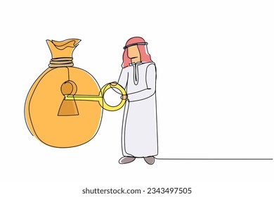 Continuous one line drawing Arab businessman putting big key into money bag. Money management concept. Financial key success, safe haven for investment. Single line design vector graphic illustration