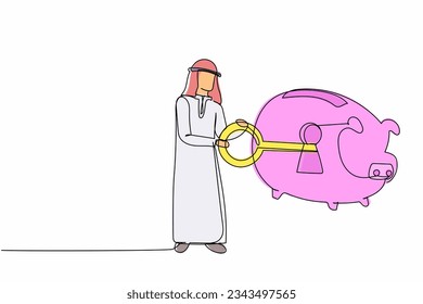Continuous one line drawing Arab businessman putting big key into piggy bank. Personal saving or money security. Protection for finance and banking system. Single line draw design vector illustration