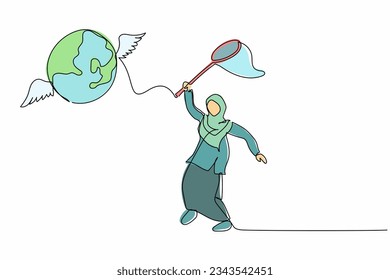 Continuous one line drawing Arab businesswoman try to catching flying globe with butterfly net. Failed to travelling around world due to pandemic. Single line draw design vector graphic illustration