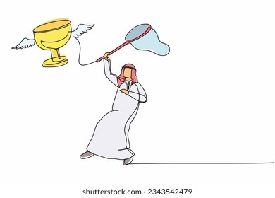 Continuous one line drawing Arab businessman try to catching flying trophy with butterfly net. Failed to win a business project. Business metaphor. Single line draw design vector graphic illustration