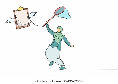 Kontinuierlich eine Linie zeichnen arabische Geschäftsfrau versucht, fliegende Zwischenablage mit Schmetterlingsnetz zu fangen. Fehlende Checkliste wichtiger Daten, Dokument. Vektorgrafik-Illustration mit Einzelzeilenzeichnung
