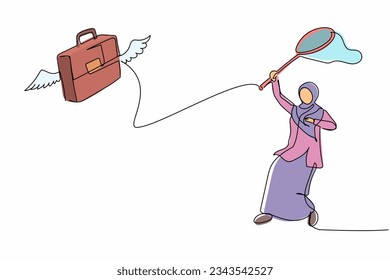 Continuous one line drawing Arab businesswoman try to catching flying briefcase with butterfly net. Losing job or office career company. Global crisis. Single line design vector graphic illustration