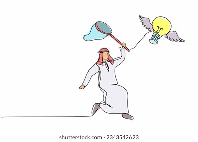 Continuous one line drawing Arab businessman try to catching flying light bulb with butterfly net. Losing inspiration and creative idea. Business metaphor. Single line draw design vector illustration