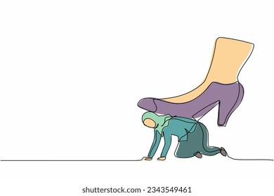 Continuous one line drawing Arab businesswoman crawling under giant foot trample. Female employee oppressed by the boss with under big shoe. Minimalist metaphor. Single line design vector illustration