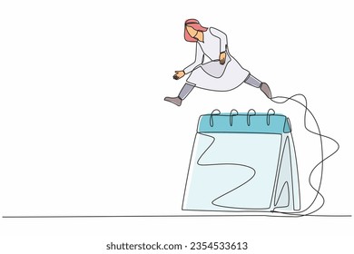 Continuous one line drawing Arab businessman jumping over big calendar. Scheduling management meeting forum for executive. Monthly business project plan. Single line design vector graphic illustration