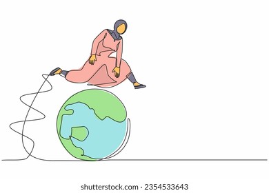 Continuous one line drawing Arab businesswoman jumping over globe. Travel destination concept. International partnership, cooperation and teamwork. Single line draw design vector graphic illustration