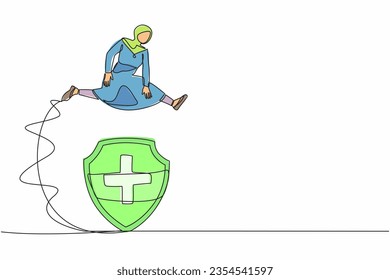 Continuous one line drawing Arab businesswoman jumping over big shield. Money fund safety. Protection, insurance, from business dangers. Financial defense. Single line draw design vector illustration
