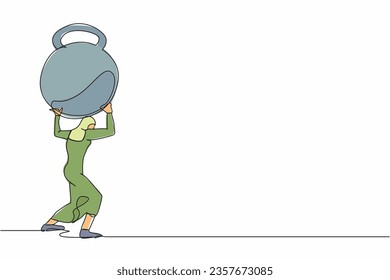 Continuous one line drawing Arab businesswoman carrying heavy kettlebell on her back. Financial crisis or credit payment. Business bankruptcy, debt problem. Single line draw design vector illustration