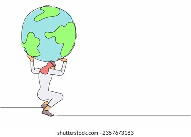 Continuous one line drawing Arab businessman carrying heavy globe on his back. Natural resources responsibility, earth exploitation, industrial pollution. Single line draw design vector illustration