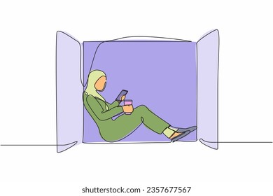 Continuous one line drawing Arab woman sitting on windowsill with coffee and enjoying rest time with smartphone. Female relaxing at home with mobile phone. Single line draw design vector illustration