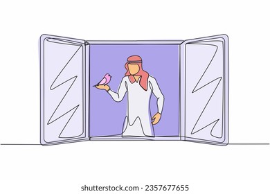Continuous one line drawing Arab man with bird pet on his hand. Summer or spring season. Happy male on balcony, open window, looking for fresh air. Single line draw design vector graphic illustration