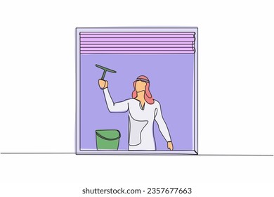 Continuous one line drawing Arab man cleaning windows with glass cleaner tools. Washing windows with bucket, detergent, wet rag. Housework. Domestic work. Single line draw design vector illustration