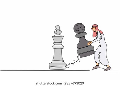 Continuous one line drawing Arab businessman lifting pawn chess piece to beat king chess. Strategic planning, business development strategy, tactic in game. Single line draw design vector illustration