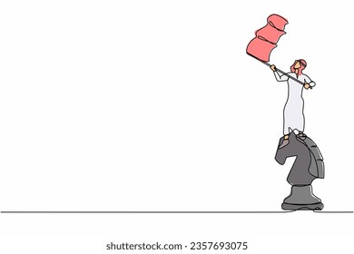 Continuous one line drawing Arab businessman standing on top of big horse chess piece and waving flag. Defeat competitors in business as winning chess game. Single line draw design vector illustration