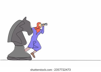 Continuous one line drawing Arab businesswoman leader standing on horse chess piece using telescope to see business vision. Looking for opportunity. Single line draw design vector graphic illustration