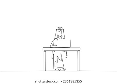 Una línea contínua que dibuja a un empresario árabe sentado y escribiendo en una computadora portátil. Preparar datos importantes para presentarlos ante nuevos inversores. Héctico. Ilustración vectorial de diseño de líneas simples