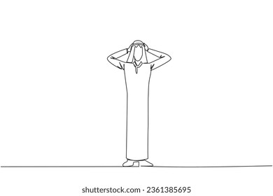 Continuous one line drawing Arab businessman standing straight holding head with both hands. Gestures excited or surprised. Unusual facial expressions. Startled. Single line draw vector illustration
