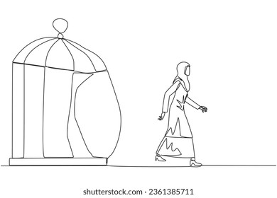 Una línea contínua que dibuja a una empresaria árabe atrapada en jaula y caminando penetra en la jaula. Metáfora que busca nuevos desafíos y experiencias para un futuro mejor. Ilustración vectorial de diseño de una sola línea