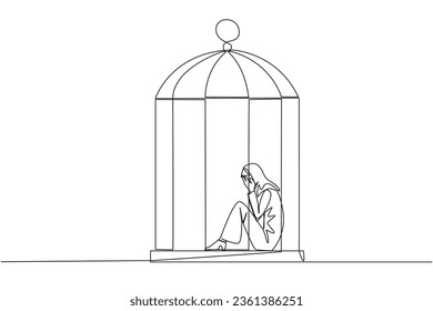 Continuous one line drawing Arab businesswoman trapped in the cage sitting covering face. Feel utterly defeated. Trapped in a dirty business. Mentally tired. Lost. Single line draw vector illustration