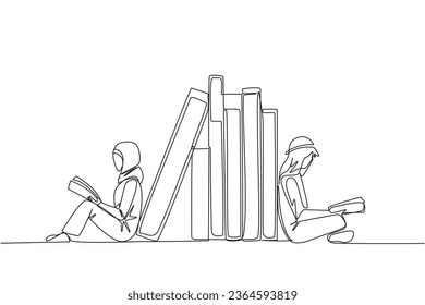 Continuous one line drawing Arab man woman reading sitting leaning against pile of books. Habit of reading book every day. Library. Book festival concept. Single line draw design vector illustration