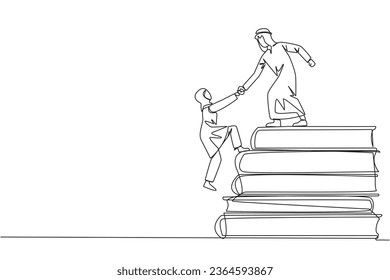 Continuous one line drawing Arab man helps Arab woman climb pile of books. Concept of helping each other to succees together. Knowledge source book. Book festival. Single line draw vector illustration