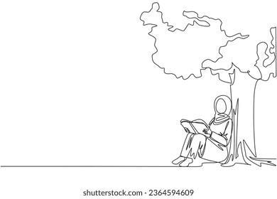 Continuous one line drawing Arab woman sitting reading book under shady tree. Continuing second volume of the fiction story book. Enjoy reading. Book festival. Single line design vector illustration