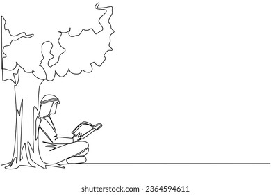 Continuous one line drawing Arab man sitting reading book under shady tree. Continuing the second volume of the fiction story book. Enjoy reading. Book festival. Single line design vector illustration