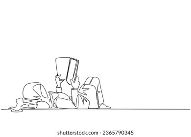 Continuous one line drawing Arab woman lying on back reading book. Reading favorite comic. Big fan of fiction books. Enjoy the storyline. Reading increase insight. Single line draw vector illustration