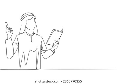 Continuous one line drawing Arab man standing reading book. Gesture gets idea. Book can see from different points of view. Brilliant idea from reading book. Single line draw design vector illustration