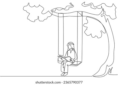 Continuous one line drawing Arab man sitting on swing under shady tree reading book. High enthusiasm for reading. Read anywhere. Reading increases insight. Single line draw design vector illustration