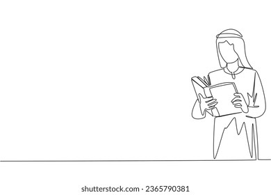 Continuous one line drawing Arab man focus on reading. Try to find answer to the tasks given. Seek more knowledge. Reading increases insight. Happy reading. Single line draw design vector illustration