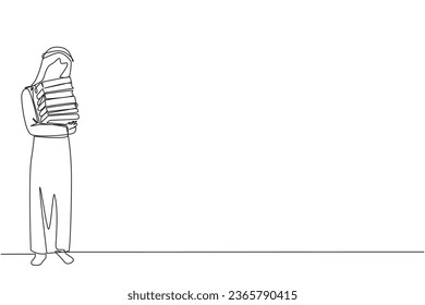 Continuous one line drawing Arab man standing hugging some books. Favorite book that finish reading. Some books will be donated to national library. Charity. Knowledge. Single line draw design vector