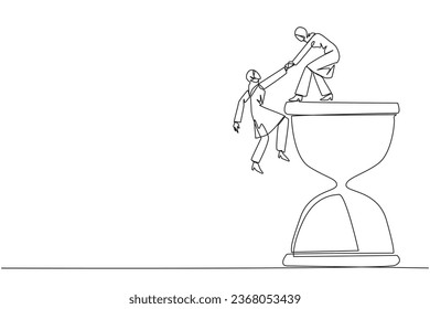Continuous one line drawing Arab businesswoman helps colleague climb hourglass. Have many assignment deadlines. Sharing with colleague will become easier. Single line draw design vector illustration