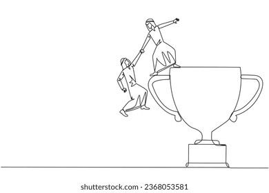 Continuous one line drawing Arab businessman helps colleague climb big trophy. Achievement that cannot be achieved without great teamwork. Smart teamwork. Single line draw design vector illustration