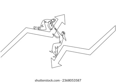 El dibujo continuo de una línea del hombre de negocios árabe ayuda a los colegas a subir el símbolo de flecha. Trabajo en equipo para elevar el nivel juntos. Mejor socio de todos los tiempos. Mantener la cohesión. Ilustración vectorial de tracción de línea única
