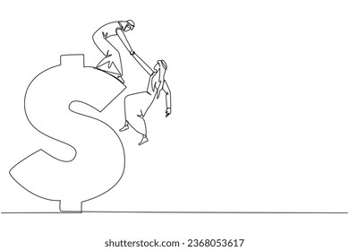 Una línea contínua que dibuja al empresario árabe ayuda a sus colegas a subir el símbolo del dólar. Deseo desarrollar negocios juntos. Excelente trabajo en equipo. Cohesión. Ilustración vectorial de diseño de líneas simples