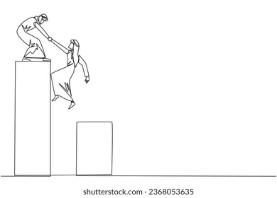 Continuous one line drawing Arab businessman helps colleague climb bar graph. Helps to climb to higher ground. Move forward and success together. Teamwork. Single line draw design vector illustration