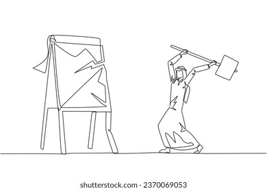 Continuous one line drawing Arab businessman preparing to hit the big flip chart. Rampage. Destroy business reports that are not as desired. Anger exploded. Single line draw design vector illustration