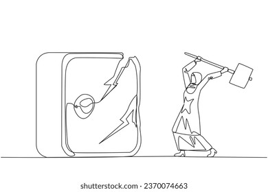 Continuous one line drawing Arab businesswoman preparing to hit big safe deposit box. Boss furious want to destroy with hammer. Angry businesswoman. Lost. Single line draw design vector illustration