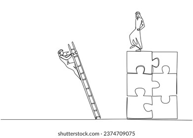 Continuous one line drawing Arab businessman kicks opponent who climbs the puzzle with stairs. Betrayed by colleague when successfully resolving a problem. Single line draw design vector illustration
