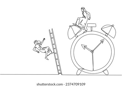 Continuous one line drawing Arab businessman kicks rival who climbs alarm clock with ladder. Arrogance. No need for colleagues to complete many deadlines. Single line draw design vector illustration