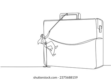 Continuous one line drawing Arab businessman climbs briefcase with rope. Metaphor for building business from scratch. Growing and having many relationships. Single line draw design vector illustration