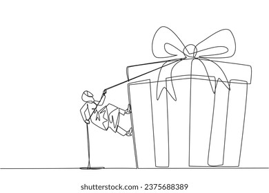 Una línea contínua dibujando a una empresaria árabe sube la caja de regalo con cuerda. Luchar persistentemente para lograr la recompensa deseada. Trabajo duro. Trabajo sincero. Inteligente. Ilustración vectorial de diseño de líneas simples
