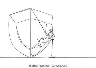 Continuous one line drawing Arab businessman climbs shield with rope. Works to help clients secure data from virus attacks. Check each layer. Entrepreneur. Single line draw design vector illustration