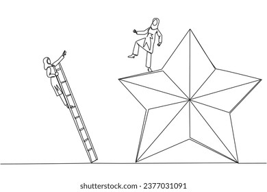 Continuous one line drawing Arab businesswoman kicks opponent who climbing the star with a ladder. Dropping opponents from achieving the same dream. Rival. Single line draw design vector illustration