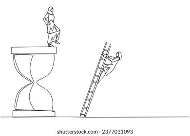 Continuous one line drawing Arab businesswoman kicks opponent who climbs hourglass with ladder. Not able to complete deadlines well. Dropped roughly. Rival. Single line draw design vector illustration