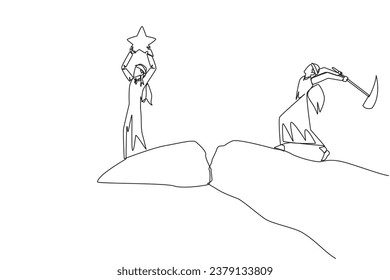 Continuous one line drawing Arab businessman standing on edge of cliff holding up a star. Hypocrite partner want to destroy the achievement. The traitor. Single line draw design vector illustration